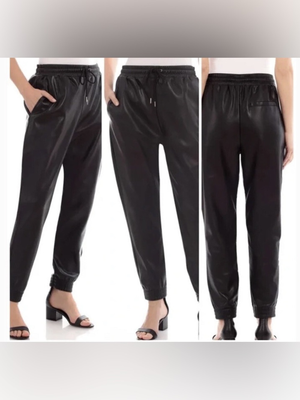 AVEC LES FILLES Black Vegan Faux Leather Jogger Pants Joggers - Picture 2 of 16